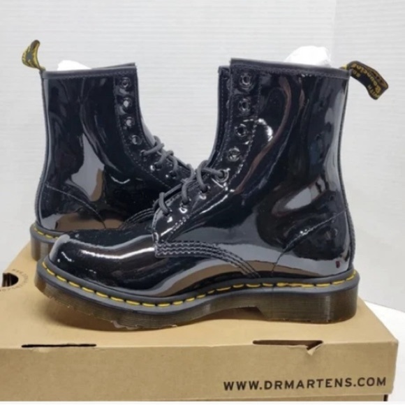 Dr. Martens Shoes - Dr. Martens Glossy Black Boots with Yellow Stitching